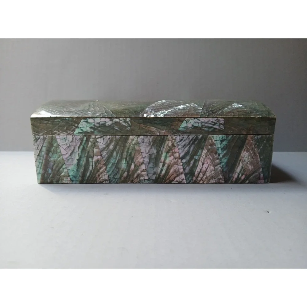 Vintage Iridescent Crackled Abalone‎ Mosaic Humpback Jewelry Box w/red Interior